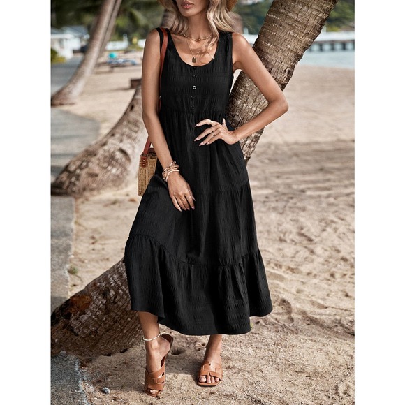 Solid Ruffle Hem Smock midi Dress black - Picture 3 of 3